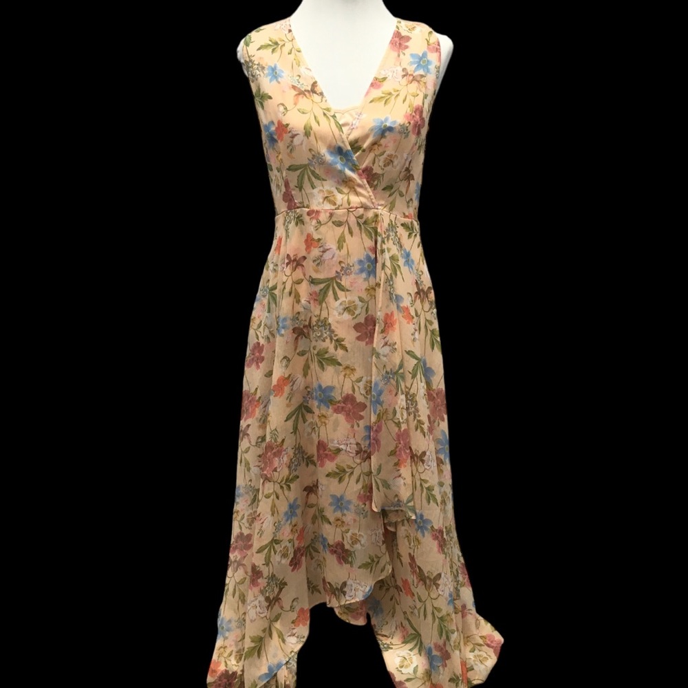 Calvin Klein Lined Peach Floral Chiffon Hi-low Long Dress Misses size 6